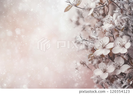 Soft white flowers covered in frost against a delicate pastel background during winter's touch in a serene garden setting 120354123
