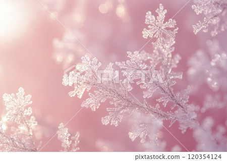 Delicate snowflakes glistening in soft pink light during a serene winter morning in a tranquil atmosphere 120354124