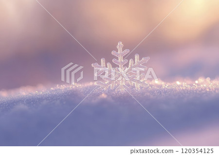 A delicate snowflake glistens on a soft layer of snow during a tranquil winter morning in a serene landscape A delicate snowflake glistens on a soft layer of snow during a tranquil winter morning in a serene landscape 120354125