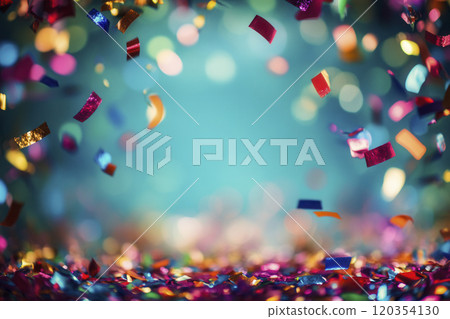 Colorful confetti falls gracefully during a festive celebration with bright lights and a joyful atmosphere in the background at night 120354130