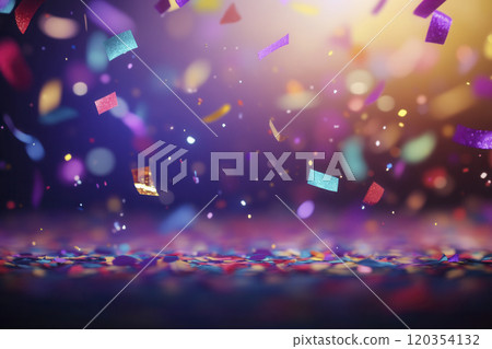 Colorful confetti falling during a festive celebration in a dimly lit venue filled with joy and excitement 120354132