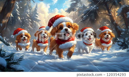 Merry Christmas and Happy New Year banner with copy space, illustration, pets, dogs puppies in Santa hats 120354293