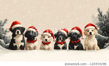 Merry Christmas and Happy New Year banner with copy space, illustration, pets, dogs puppies in Santa hats Merry Christmas and Happy New Year banner with copy space, illustration, pets, dogs puppies in Santa hats 120354296