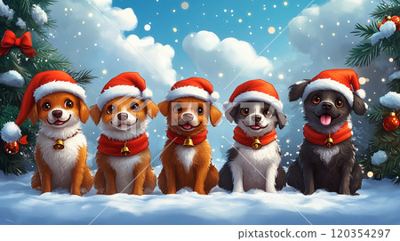 Merry Christmas and Happy New Year banner with copy space, illustration, pets, dogs puppies in Santa hats 120354297
