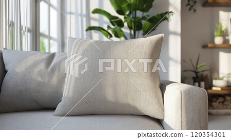 A stylish textile pillow lies on a sofa in a sunny living room, showcasing modern interior design with cozy natural materials, soft fabric, and a calming neutral palette for a serene and elegant home 120354301