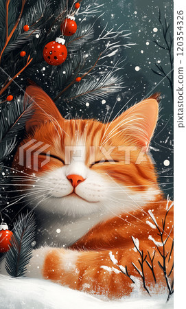 Merry Christmas and Happy New Year banner with copy space, illustration, pet, cat curled up beside decorated tree Merry Christmas and Happy New Year banner with copy space, illustration, pet, cat curled up beside decorated tree 120354326