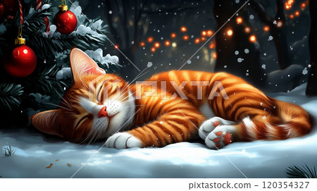 Merry Christmas and Happy New Year banner with copy space, illustration, pet, cat curled up beside decorated tree 120354327