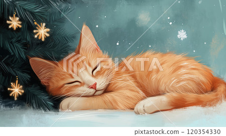Merry Christmas and Happy New Year banner with copy space, illustration, pet, cat curled up beside decorated tree 120354330
