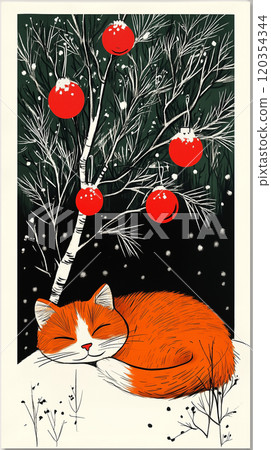 Merry Christmas and Happy New Year banner with copy space, illustration, pet, cat curled up beside decorated tree Merry Christmas and Happy New Year banner with copy space, illustration, pet, cat curled up beside decorated tree 120354344