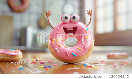 Pink happy donut mascot character with arms, eyes, and mouth smiling and laughing Pink happy donut mascot character with arms, eyes, and mouth smiling and laughing 120354345