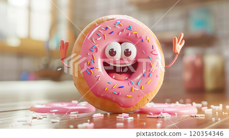 Pink happy donut mascot character with arms, eyes, and mouth smiling and laughing Pink happy donut mascot character with arms, eyes, and mouth smiling and laughing 120354346