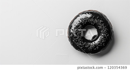 Total black donut with sprinkles on white background. Banner, copy space 120354369