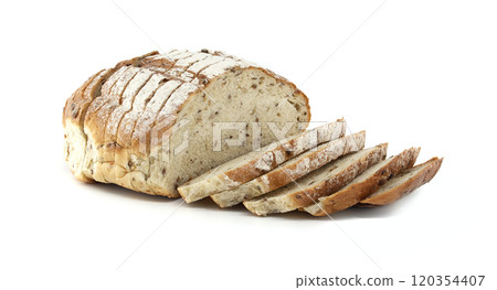 Freshly Baked Sliced Bread On White Background for Culinary Use 120354407