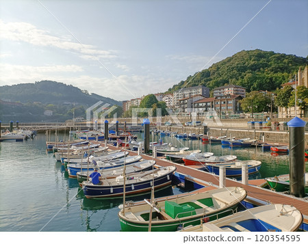 Lekeitio town view from pier, Spain Lekeitio town view from pier, Spain 120354595