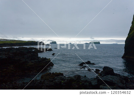 Vestmannaeyjar island beach day view, Iceland landscape.Surtsey island Vestmannaeyjar island beach day view, Iceland landscape.Surtsey island 120354632