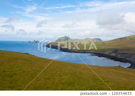 Vestmannaeyjar island beach day view, Iceland landscape. 120354635