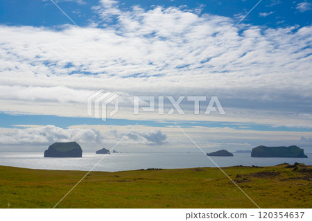 Vestmannaeyjar island beach day view, Iceland landscape. 120354637