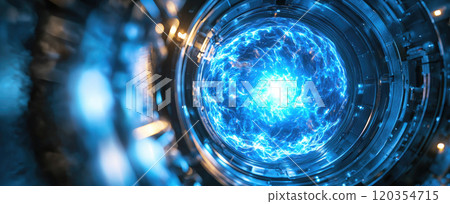 Nuclear reaction or plasma in physical laboratory, abstract blue light of energy during experiment. Concept of reactor, fusion, science, research, power, 120354715
