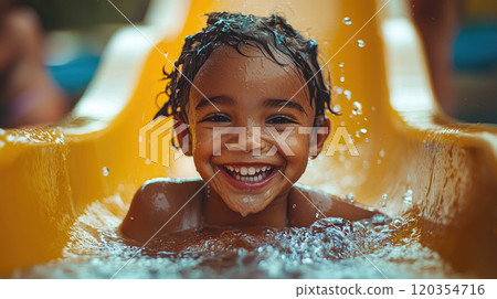 Happy African kid boy on slide in water park, smiling child having fun at hotel pool in summer. Concept of aqua, travel 120354716