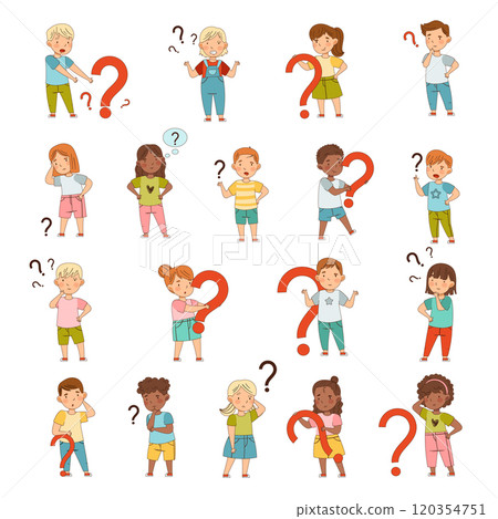 Puzzled Little Kids with Question Scratching Their Heads Wondering Vector Set 120354751