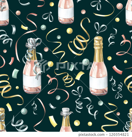 Bottles of pink champagne with confetti and ribbons. Watercolor illustration, hand drawn. Seamless pattern on a dark background. For congratulations, wrapping paper, holidays Bottles of pink champagne with confetti and ribbons. Watercolor illustration, hand drawn. Seamless pattern on a dark background. For congratulations, wrapping paper, holidays 120354821