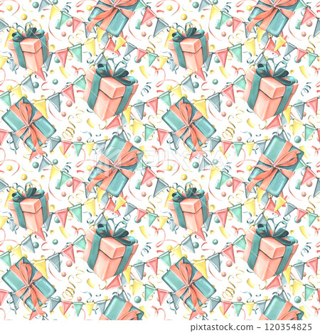 Gift boxes with ribbons, bows, confetti and garland of flags in coral and turquoise colors on a white background. Watercolor illustration, hand drawn. Seamless pattern for congratulations. 120354825