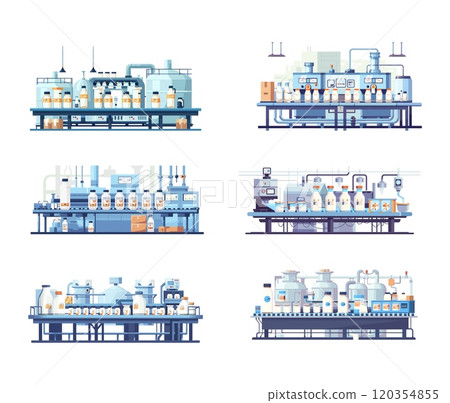 Milk production conveyor cartoon vector concepts. Bottles dairy food industry machine stage process, farm drinks beverage automatic assembly fabrication plant, isolated illustrations 120354855