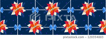 Christmas pattern with poinsettia flower, cute blue bow and candy cane ribbon decoration elements 120354883
