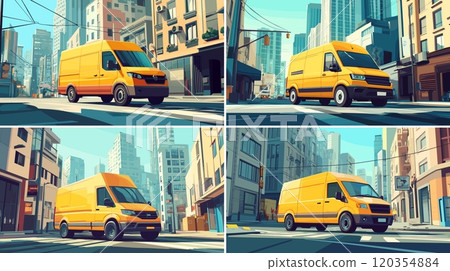 Delivery minivan cartoon vector scenes. shipment city minibus commercial logistic car, cargo urban distribution vehicle, cityscape downtown street parking transport illustrations 120354884