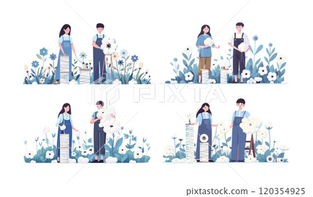 Cotton gathering cartoon vector scenes. Flower field boy girl wind thread making spools characters, textile material clothes fiber hand made production, isolated illustrations Cotton gathering cartoon vector scenes. Flower field boy girl wind thread making spools characters, textile material clothes fiber hand made production, isolated illustrations 120354925