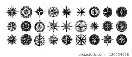 Compass black ink sketch vector set. Navigation retro pointer wind rose, cartography travel journey route router, path adventure vintage direction devices, isolated illustrations on white backdrop Compass black ink sketch vector set. Navigation retro pointer wind rose, cartography travel journey route router, path adventure vintage direction devices, isolated illustrations on white backdrop 120354928