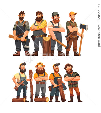 Cartoon lumberjack team. Group of bearded mans woodcutters in overalls with axes forest workers, male cute rednecks timberman characters logging staff personnel, isolated vector illustrations 120354955