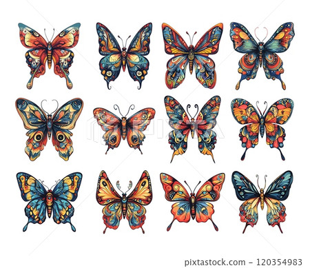 Boho butterflies cartoon vector set. Winged soaring motley moths spotted flying insects, prints tattoo graphic decorative designs, isolated illustrations on white background 120354983