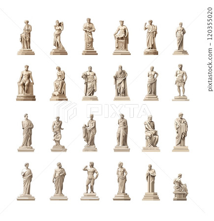 Antique sculptures cartoon vector set. Men women marble stone poets philosophers emperors writers gods granite statues, historical ancient art works artifacts, isolated illustrations 120355020