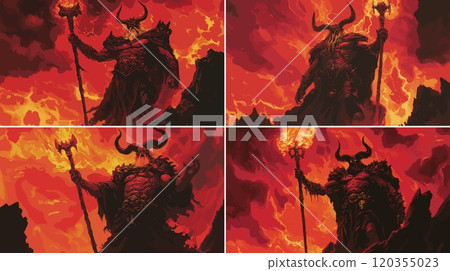 Ancient god cartoon vector concepts. Molten hammer lightning horned giant demon, flame scepter hell servant conjuring spell, abyss evil creature burning fire magical overlord scorching character 120355023