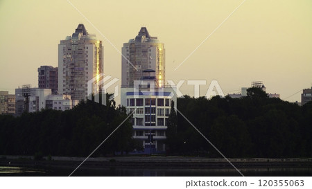 An Unforgettable Modern Urban Landscape Displayed at Sunset Over the City Skyline. Stock Clip 120355063