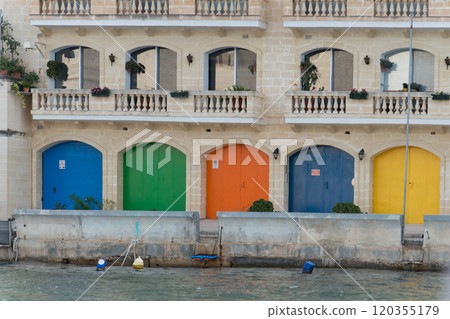 Multicolored traditional doors at Valleta harbor. Malta 120355179