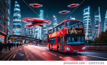 futuristic and sci-fi representation of the city of London and its typical red buses 120355191