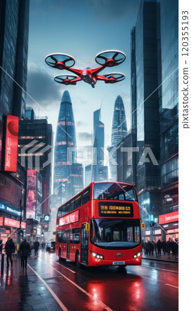 futuristic and sci-fi representation of the city of London and its typical red buses 120355193