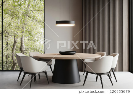 Bright dining area featuring a wooden table and matching chairs in a minimalist setting 120355679