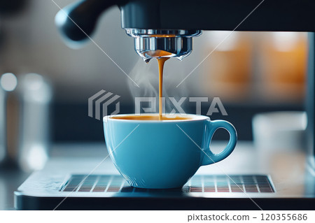 Hot espresso flowing from a coffee machine into a cup Hot espresso flowing from a coffee machine into a cup 120355686