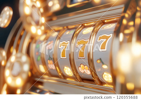 Slot machine with triple sevens, surrounded by glowing lights and golden accents Slot machine with triple sevens, surrounded by glowing lights and golden accents 120355688