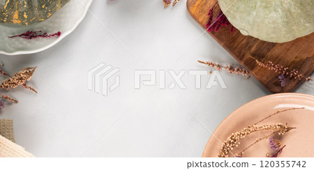 Autumn thanksgiving table setting pumpkin decor concept flatlay on gray Autumn thanksgiving table setting pumpkin decor concept flatlay on gray 120355742