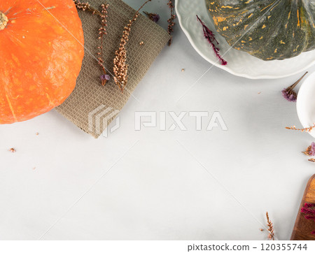 Autumn thanksgiving table setting pumpkin decor concept flatlay on gray Autumn thanksgiving table setting pumpkin decor concept flatlay on gray 120355744