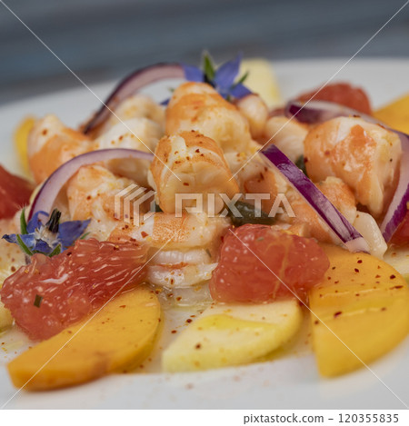RECIPE CEVICHE OF SHRIMPS AND SCALLOPS WITH CITRUS FRUIT, LEMON, LIME, SQUEEZED ORANGE, GRAPEFRUIT 120355835