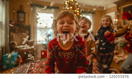 Happy Children Laughing Together on Christmas Morning Amongst the Confetti and Wrapping Paper They Threw in the Air. Generative AI. 120355876