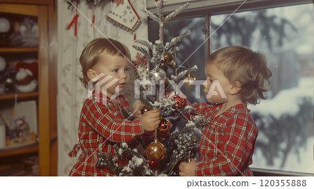 Retro Photo Effect Happy Brothers Decorating the Christmas Tree on Christmas Morning. Generative AI. 120355888