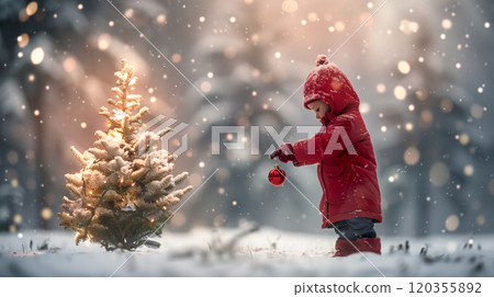 Cute Boy Warmly Dressed Outside in the Snow and Hanging A Christmas Ornament On A Tree. Generative AI. 120355892