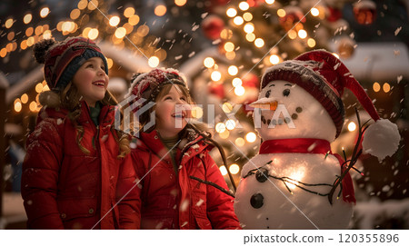 Happy Child In Winter Clothing Enjoying the Snowman and Christmas Decorations Outside. Generative AI. 120355896