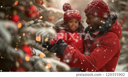 Warmly Dressed Father and Son Outside in the Snow and Hanging A Christmas Ornaments On A Tree. Generative AI. 120355902